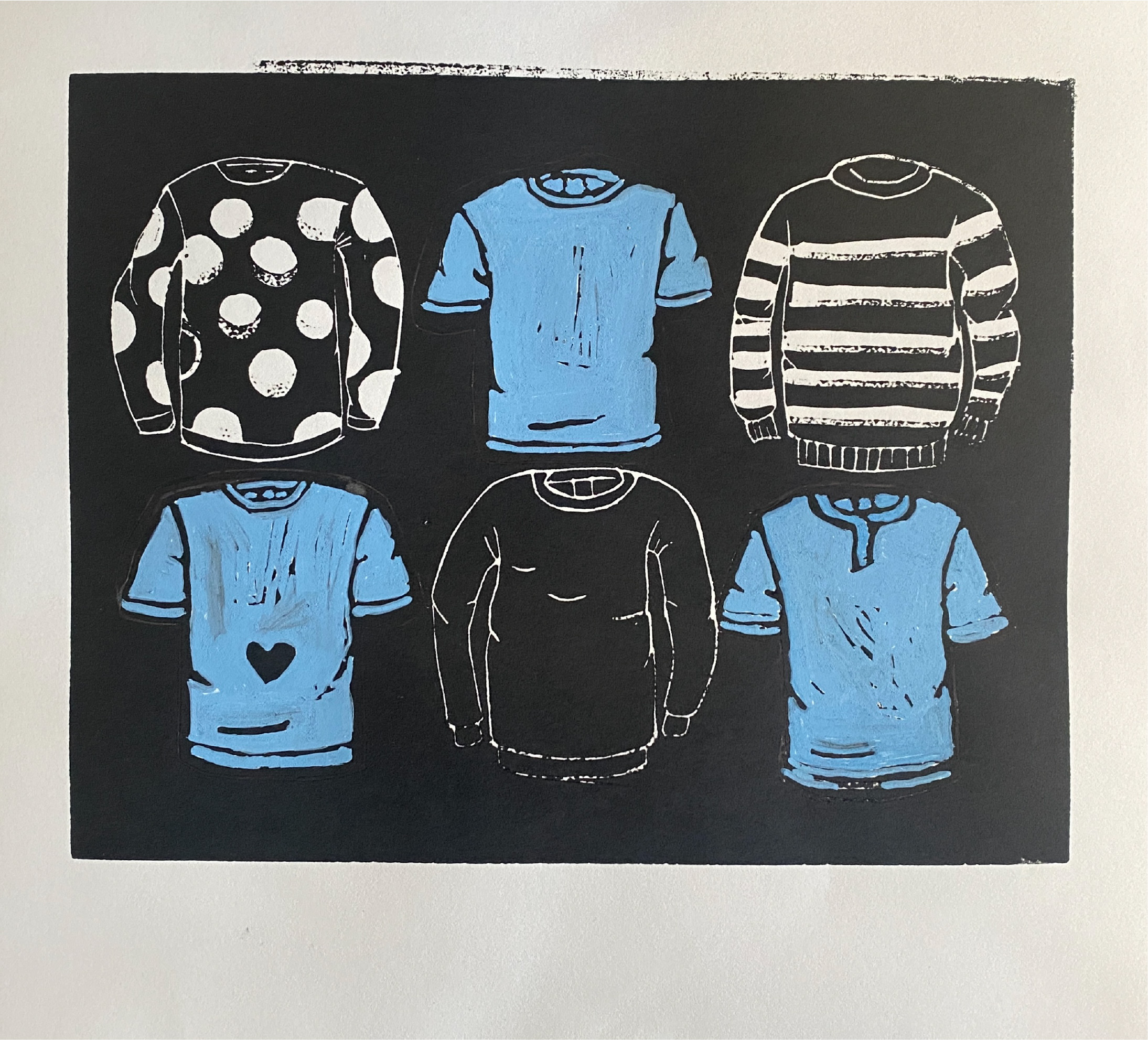 Blue and black relief garment print